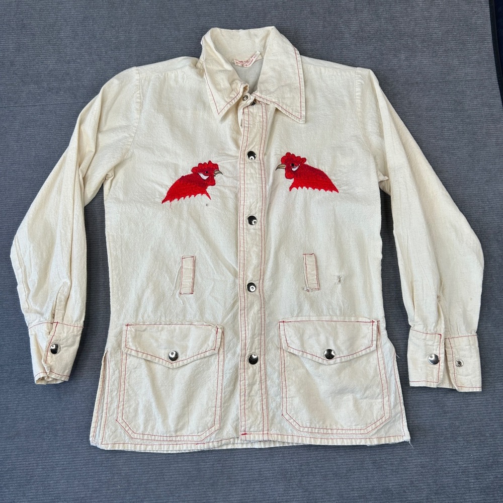 Vintage 60s Handmade Mexico Rooster Embroidered Canvas Chore Shirt Cream Red S